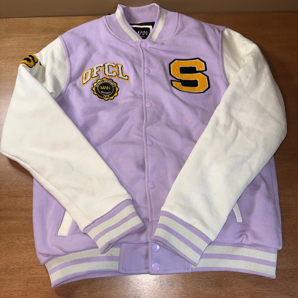 boohooMAN Mens Lilac Purple Varsity Jacket Soho Chenille Patch Letterman Size M